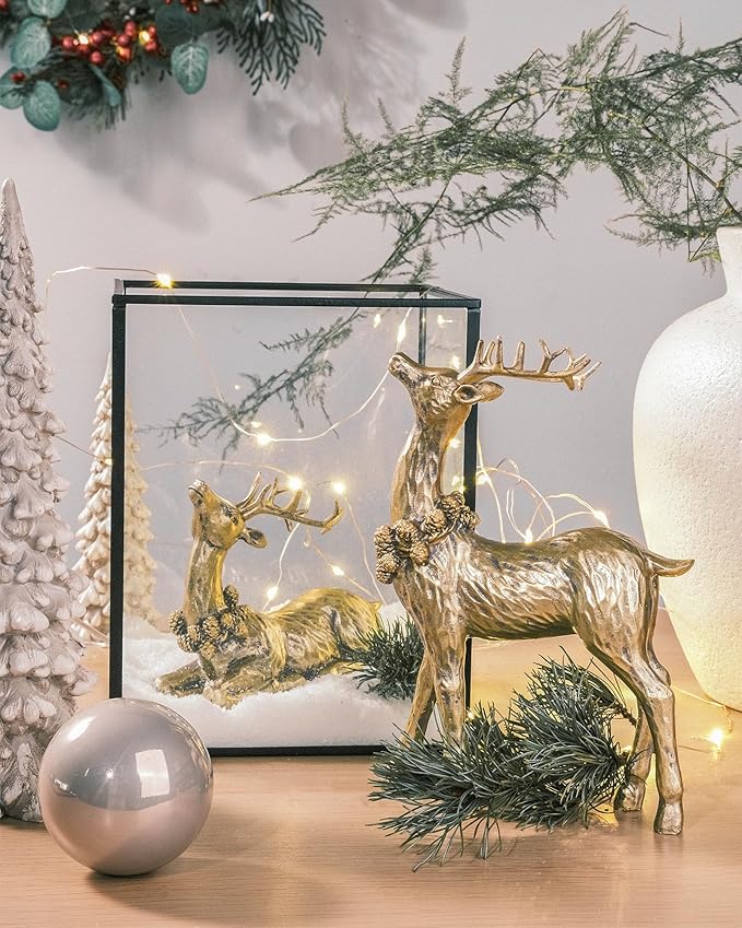 DN DECONATION 2pcs Gold Christmas Reindeer Statue, Christmas Clearance Small Resin Reindeer Figurine Indoor, Tabletop Reindeer Christmas Decor, Deer Figurine Decorations for Home