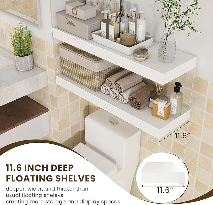 Deep Floating Shelves, 12'' Deep Rustic Large Floating Shelves Set of 2, White Shelves for Wall 36 Inches Long, Wood Shelves for Living Room Laundry Room Bedroom Kitchen Home Office - White
