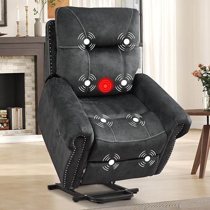 EBELLO Electric Power Recliner Chair with Massage and Heat, Soft Fabric Massage Recliner for Adults, Overstuffed Single Reclining Sofa, Vintage Rivet Mid-Century Design for Living Room, Grey