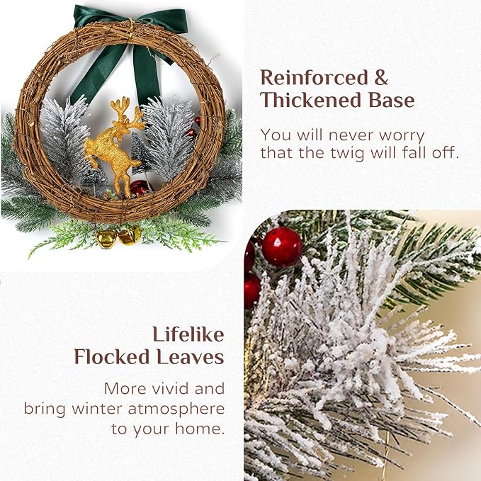 Christmas Door Wreath Lighted Xmas Wreaths - Walasis Winter Wreaths for Front Door Decor Outside Flocked Christmas Wreath Hanging with Lights for Wall