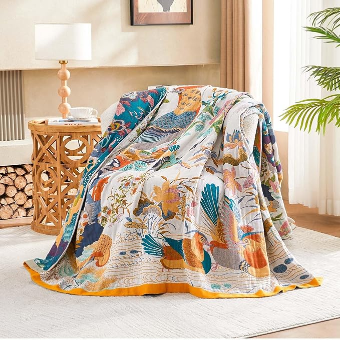 Fall Throw Blanket for Couch, Yellow Boho Decorative Throw Blanket, 100% Cotton Muslin Breathable Woven Farmhouse Blankets Quilt, 50"x60" Reversible Lightweight Blankets Bohemian Throw Quilt