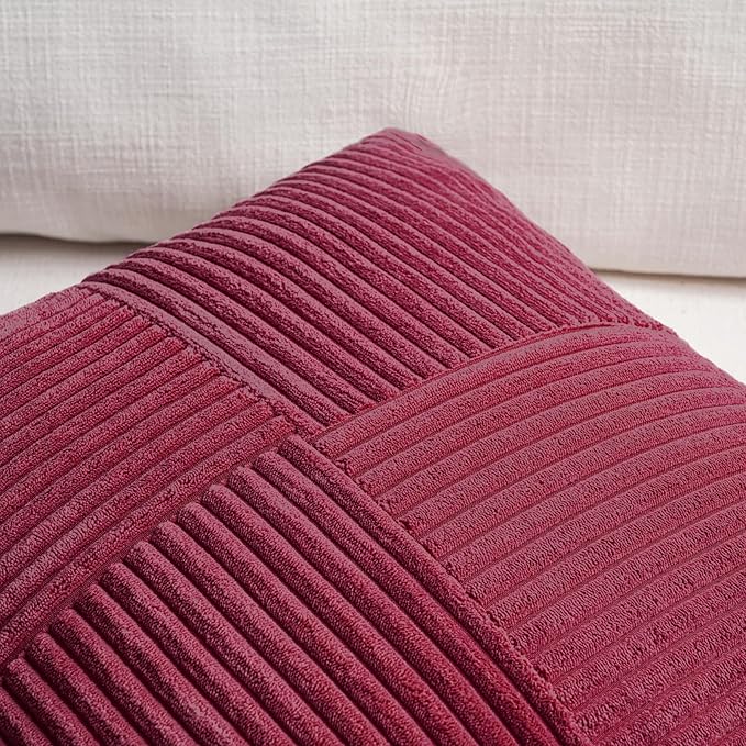 Fancy Homi 2 Packs Burgundy Lumbar Decorative Throw Pillow Covers 20x28 Inch for Living Room Couch Bed, Farmhouse Boho Home Decor, Soft Striped Corduroy Rectangle Accent Cushion Case 50x70 cm