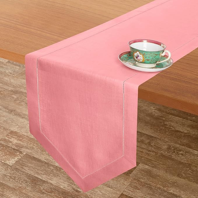 D'Moksha Homes Dusty Pink Linen Table Runner 120 Inches Long - 100% Pure Linen Diamond Table Runner 14 x 120 Inch for Dining, Fall and Halloween - Machine Washable