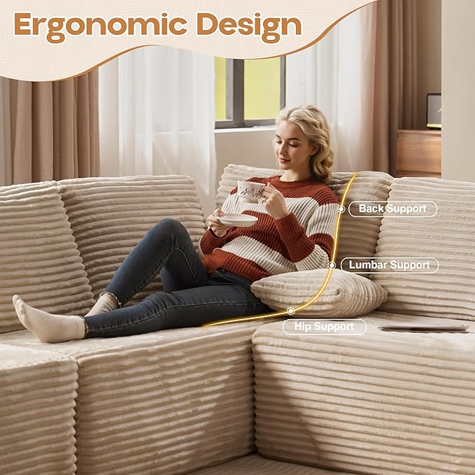 Cloud Sectional Couches for Living Room,U Shaped Modular Sofas No Assembly,135x107 Inches Plush Corduroy Oversized Floor Couch Set with Deep Seat Chaise,Beige