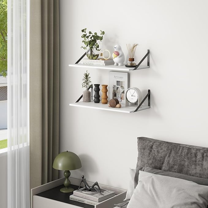 Deep Floating Shelves, 12 Inch Deep Floating Shelves for Wall, 24"W x 12"D Wall Shelves for Books, Rustic White Wooden Shelves, Large Wide Display Shelf for Bathroom, Living Room, Bedroom, Set of 2