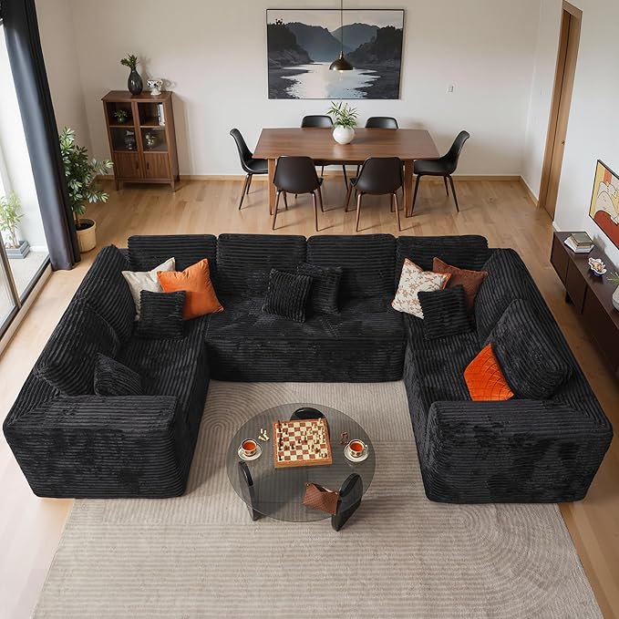 Cloud Sectional Couches for Living Room,U Shaped Modular Sofas No Assembly,135x79 Inches Plush Corduroy Oversized Floor Couch Set with Deep Seat Chaise,Black