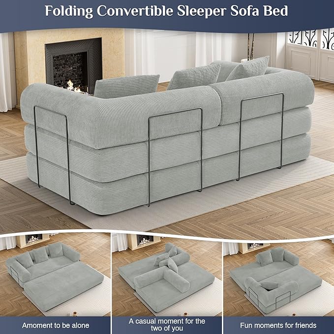 Convertible Sleeper Sofa Bed with Pillow, 4-in-1 Corduroy Folding Mattress Couch with Fixed-Shape Frame, Futon Fold Out Floor Sofa Cama Lounge Couch for Living Room Bedroom, Light Grey