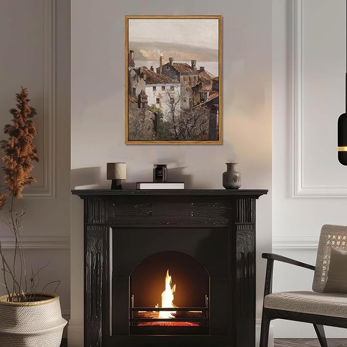 Floating Framed Vintage Canvas Wall Art, European Country Towns Wall Decor Oil Paintings Artwork, Rustic Farmhouse Posters Prints Pictures for Living Room Hallway Bedroom 16x24 inch