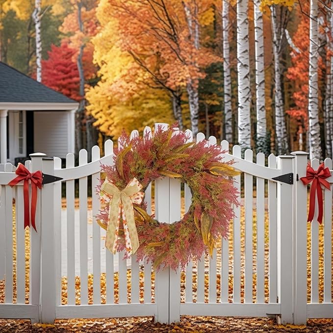 CYANBLOOM Front-Door Cedar Fall Wreaths: 24 Inch Large Wreath with Burlap Bow - Weatherproof Outdoor Porch Decor - Ideal Stress Relief Rustic Greenery for Autumn Holiday (Thanksgiving/Halloween 2025)