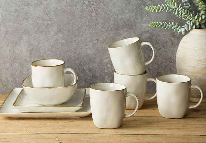 famiware Coffee Mugs Set of 4, Ocean Square 13oz Coffee Cup Set with Handle for Cocoa, Milk, Hot Chocolate, Tea, Water, Stoneware Cups for Kitchen, Microwave and Dishwasher Safe, Vanilla White