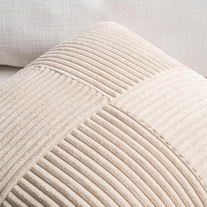 Fancy Homi 2 Packs Tan Decorative Throw Pillow Covers 18x18 Inch for Living Room Couch Bed, Rustic Farmhouse Boho Home Decor, Soft Corss Corduroy Patchwork Textured Square Beige Cushion Case 45x45 cm