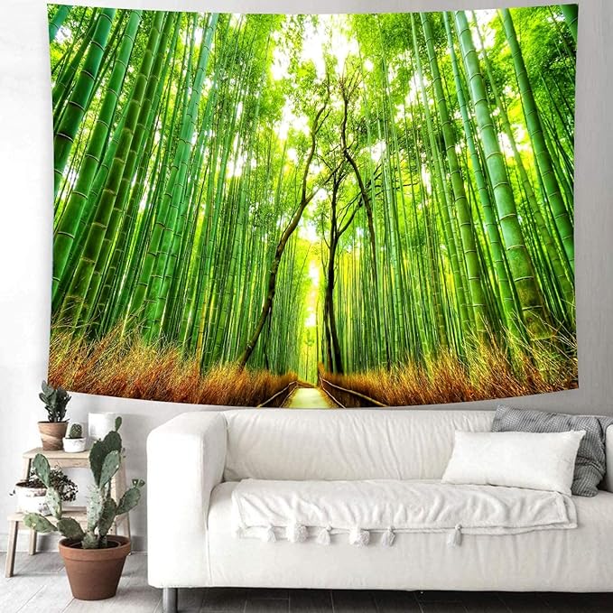 Delur Forest Pathway Tapestry Sunset Tropical Rainforest Nature Tree Tapestry Wall Hanging Sunrise Scenic Natural Green Landscape Headboard for Bedroom Living Room Home Decor (59.1" x 78.7")
