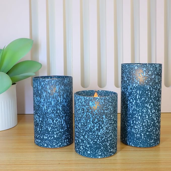Flameless Candles with Remote - Battery Operated Candles with Timer, Flickering Real Wax LED Pillar Christmas Candles for Wedding, Table, Home Decorations (Blue, Set of 3)