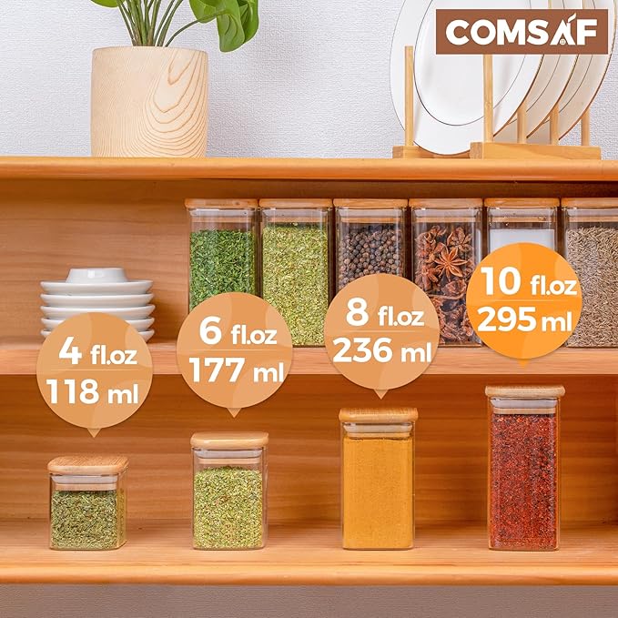 ComSaf 12Pcs Glass Spice Jars with Bamboo Lid, 10oz Airtight Square Containers with 275 Black Lables, Empty Seasoning Jars for Spice Salt Sugar
