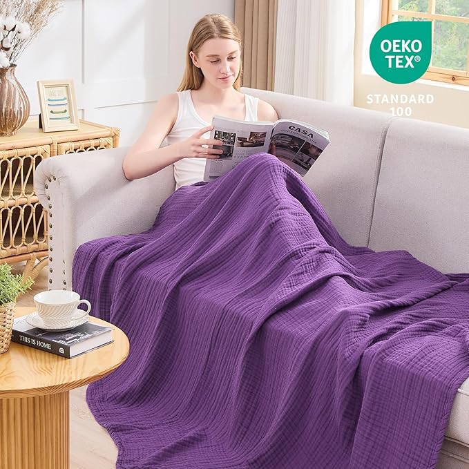 EMME Cotton Muslin Throw Blanket Couch Breathable Gauze Blanket Soft Lightweight Blankets Adults (Purple, 50"x60")