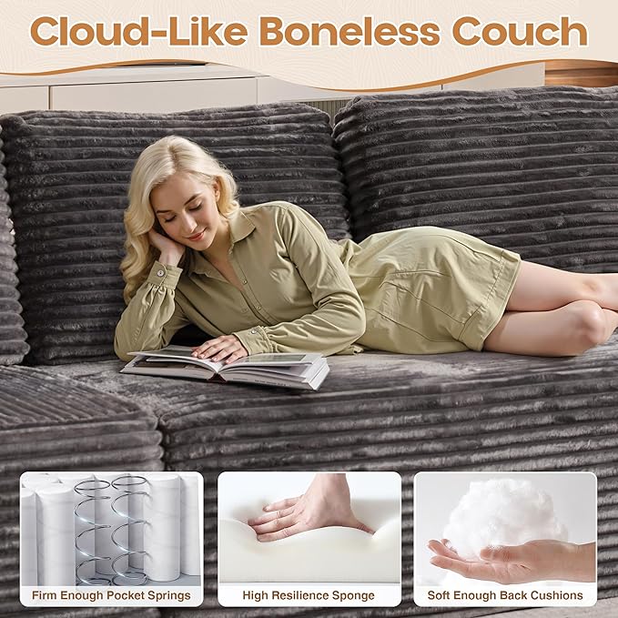 Cloud Sectional Couches for Living Room,G Shaped Modular Sofas No Assembly,135x133 Inches Plush Corduroy Oversized Floor Couch Set with Deep Seat Chaise,Grey