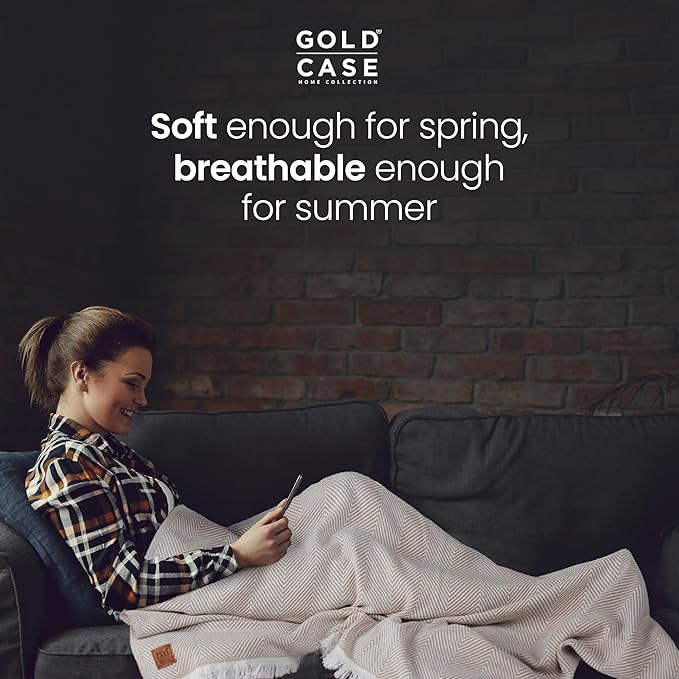 Gold Case Throw Blanket for Couch – 100% Recycled Turkish Cotton Blankets & Throws – Elegant Decorative Throw Blankets for Living Room Sofa – Woven Throws for Couch – Elegant Beige – 50x60