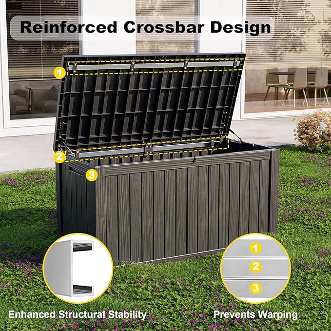 DRATO 150 Gallon Outdoor Storage Box, Large Waterproof Deck Box, Lockable Resin Storage Container with Reinforced Support for Patio Cushions, Garden Tools, UV-Resistant Outdoor Chest（Black）