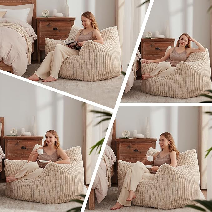 Giant Bean Bag Chairs for Adults Teens, Large Bean Bag Sofa Chairs with Filling Comfy Fuzzy BeanBag Chair with Armrests for Bedroom Living Room Reading
