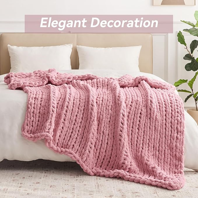 Chunky Knit Throw Blanket, 60''*80'' Knitted Throw Chenille Yarn for Bed Couch, Handmade Light Pink Crochet Big Thick Blanket, Machine Washable Cute Comfy Blanket for Home Decor