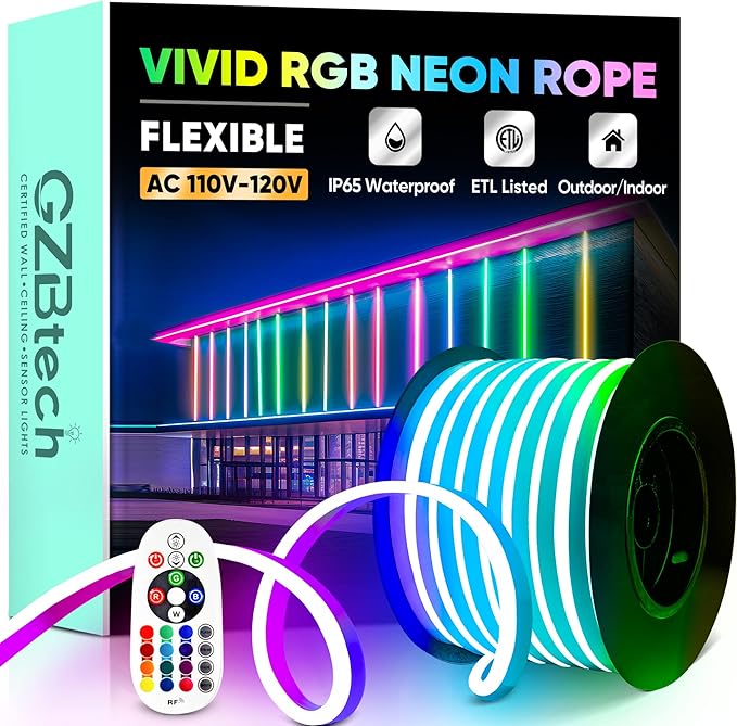 GZBtech RGB LED Neon Rope Lights 66FT/20M, AC 110-120V Waterproof Color Changing LED Rope with Remote Controller, Dimmable Multi Color Neon Rope Lighting for Indoor Outdoor Commercial Use