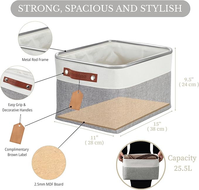 DECOMOMO Storage Bins Fabric Storage Baskets for Shelves, Linen Closet Organization Toys Nursery (Grey and White, Large - 1 Pack)