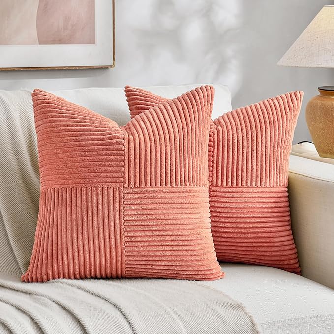 Fancy Homi 2 Packs Coral Decorative Throw Pillow Covers 20x20 Inch for Living Room Couch Bed Sofa, Rustic Farmhouse Boho Home Decor, Soft Corss Corduroy Patchwork Accent Peach Cushion Case 50x50 cm