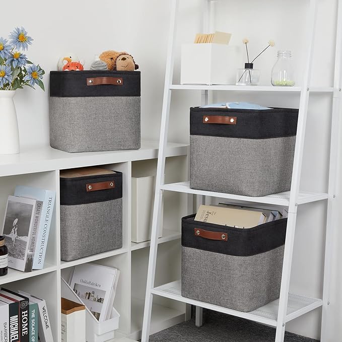 DULLEMELO Cube Collapsible Storage Bins, 12 inch Fabric Storage Cubes Bins Canvas Organization Baskets, Linen Closet Organizers Boxes for Home Organization and Storage (4 Pack - 12" Black&Grey)