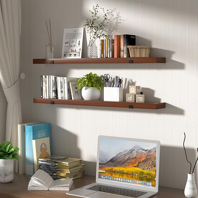 CONSDAN Floating Shelves for Wall Mounted Book Shelf Hanging Shelves Floating Bookshelf for Bedroom, Bathroom, Living Room, Kitchen USA Grown Solid Hardwood, Dark Maple 24x7.5x1.5 in (Set of 3)