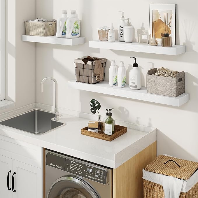 fuqing Floating Shelves for Wall, Bathroom Shelf Wall Mounted for Storage, Shelves with Invisible Bracket for Bedroom, Kitchen, Living Room, Farmhouse Small Book Shelf, 36 Inch Set of 2, White