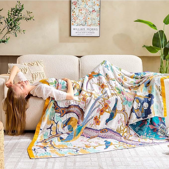 Fall Throw Blanket for Couch, Yellow Boho Decorative Throw Blanket, 100% Cotton Muslin Breathable Woven Farmhouse Blankets Quilt, 90"x98" Reversible Lightweight Blankets Bohemian Throw Quilt