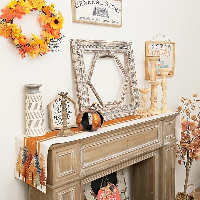 GEEORY Fall Watercolor Trees & Maple Leaves Striped Table Runner 13x48 Inch, Rustic Farmhouse Autumn Thanksgiving Decor for Kitchen, Dining, Indoor/Outdoor Holiday Dinner Party Orange GT157-48