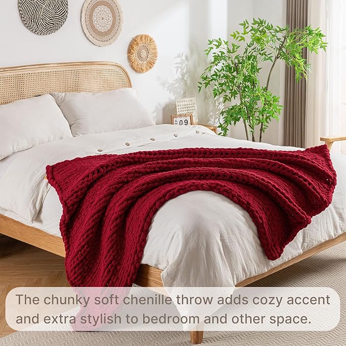 Chunky Knit Blanket Throw, 100% Hand Knit Throw Blanket Handmade Chenille Cable Knit Throw for Couch, Stylish Cozy Soft Rope Knot Crochet Blanket for Home Decor, Red, 50x60 Inches