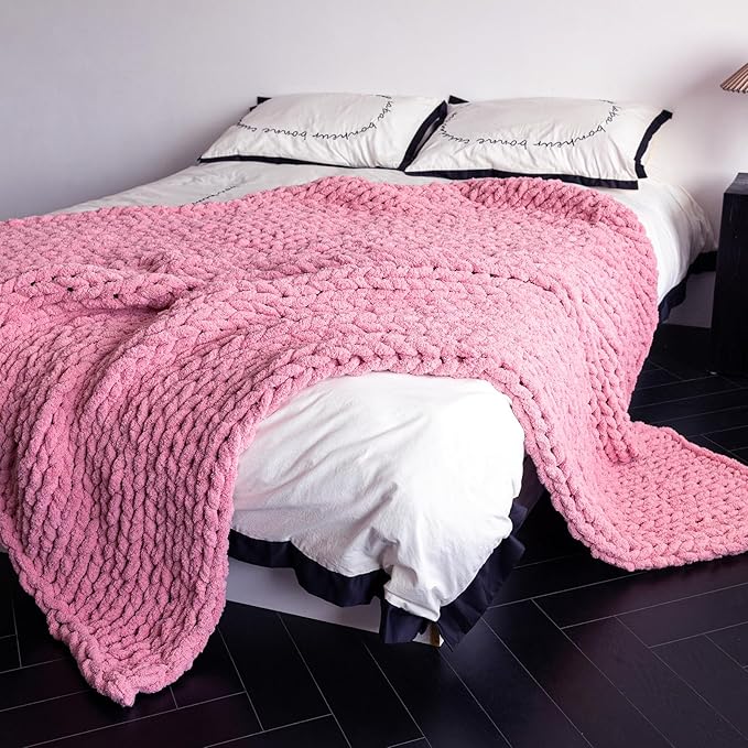 Chunky Knit Blanket - Luxury Soft Cozy 40 * 50 Throw Blanket,100% Woven Blanket Rope Knot Throw Blanket for Couch, Sofa, Home Decor, Gift - Machine Washable（Pink）