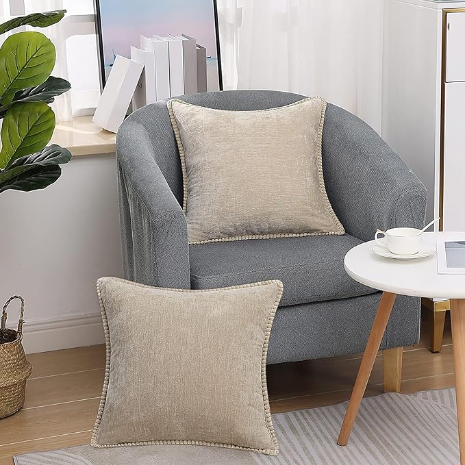 decorUhome Chenille Soft Throw Pillow Covers 18x18 Set of 2, Farmhouse Velvet Neutral Decorative Euro Pillow Covers with Stitched Edge for Couch Sofa Bed Home Decor, Beige