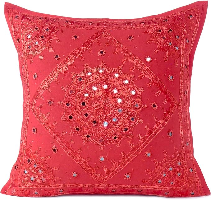 Eyes of India Embroidered Decorative Boho Throw Pillow Cover with Mirrors, Handmade Bohemian Accent Cushion Case for Sofa Couch Bedroom Living Room (Red, 24" x 24")