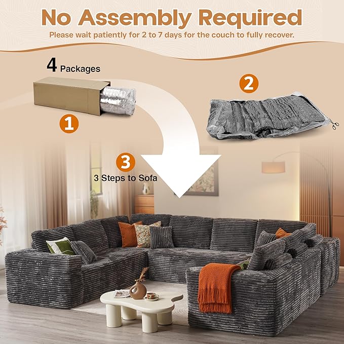 Cloud Sectional Couches for Living Room,U Shaped Modular Sofas No Assembly,135x107 Inches Plush Corduroy Oversized Floor Couch Set with Deep Seat Chaise,Grey