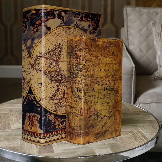 Decorative Book Box Set of 2, Trinket Keepsake Storage Boxes Book Shaped Storage Box Vintage Style Decorative Faux Books Boxes Globe Antique Books for Home Decoration Old World Map Pattern