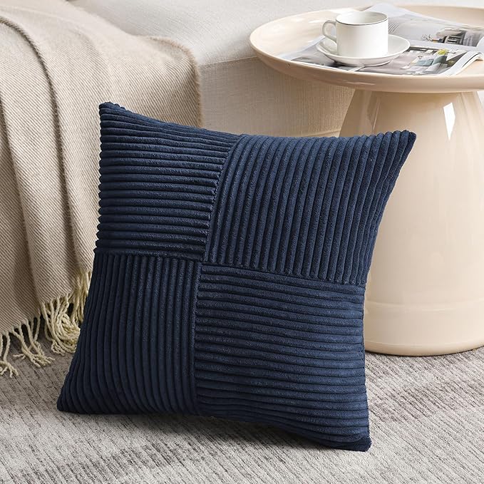 Fancy Homi 2 Packs Navy Blue Decorative Throw Pillow Covers 22x22 Inch for Living Room Couch Bed Sofa, Rustic Farmhouse Boho Home Decor, Soft Corss Corduroy Patchwork Accent Cushion Case 55x55 cm