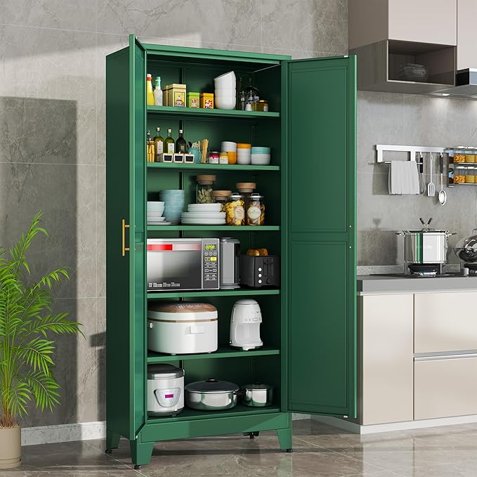 Green Metal Storage Cabinet,75" Steel Cabinets for Home Office, Kitchen Pantry Storage Cabinet with Doors and 5 Adjustable Shelves, Tool Cabinets, for Office, Home, Garage, School