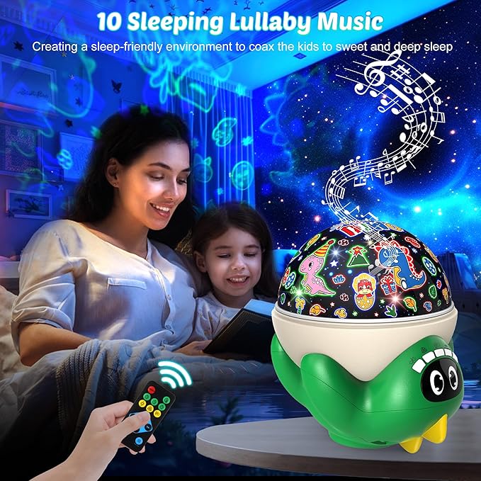 Dinosaur Night Light Projector for Kids Green Dino Toys for Boys, Star Night Lights with Music and Timer, 17 Mode Color Changing Lamp with Remote, Christmas Birthday Gift for Baby Girl Boy