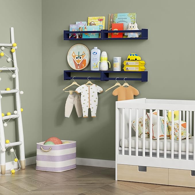 Forbena Navy Blue Floating Book Shelves for Nursery Boy, Decorative Wall Bookshelf for Kids Room, Small Wood Floating Shelves Wall Mounted for Boys Bedroom Bathroom (Set of 4, Blue)