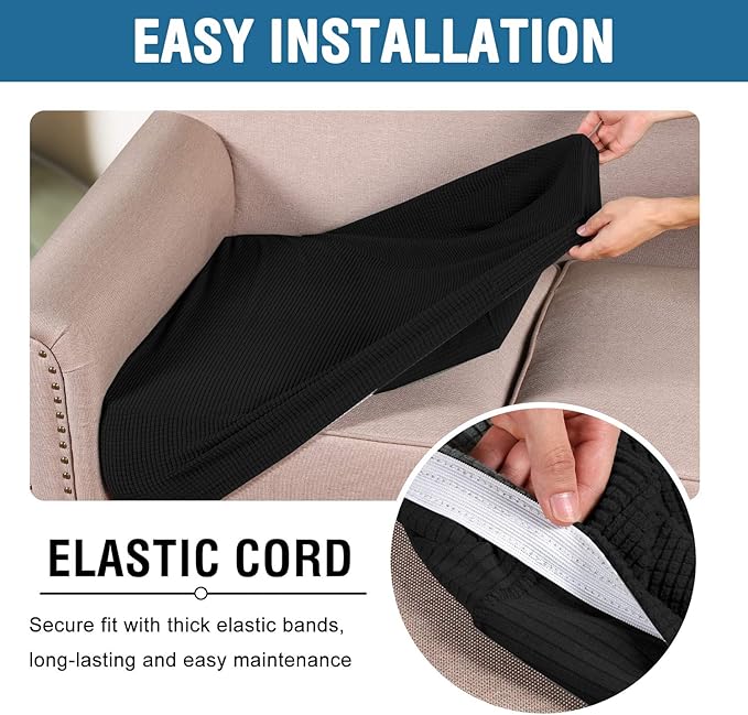 H.VERSAILTEX Super Stretch Individual Seat Cushion Covers Sofa Covers Couch Cushion Covers Slipcover Sets Thick Jacquard Textured Twill Fabric (2 Piece Medium Sofa Cushion Covers, Black)