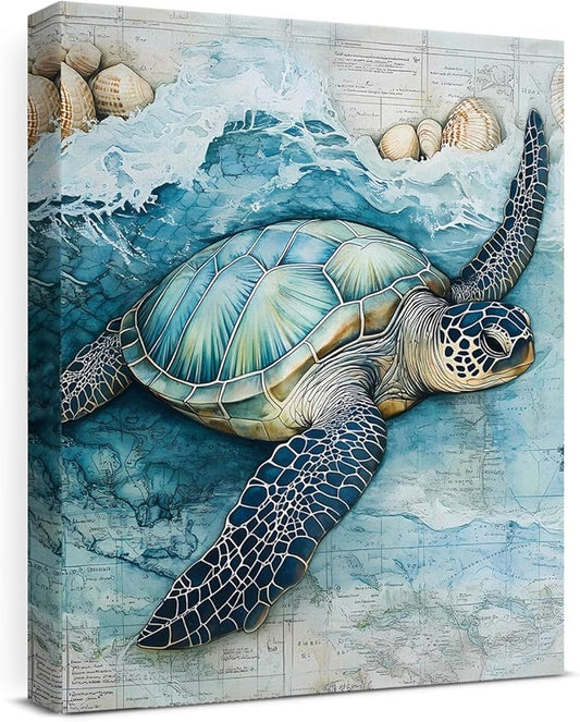 Coastal Sea Turtle Canvas Wall Art Turtle Nautical Ocean Theme Print Poster Framed Picture Painting for Home Beach House Bedroom Wall Decor 8x10 Inch