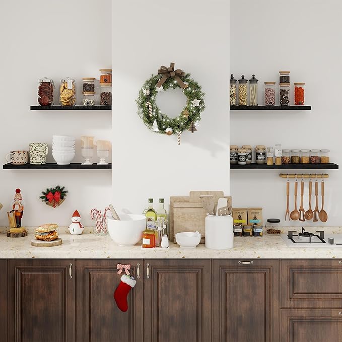 Fun Memories 32Inch Floating Shelves for Wall 2 Pack Wood Shelves for Kitchen, Bathroom, Bedroom Wall Mounted Rustic Wood Floating Shelf with Invisible Brackets for Books, Storage, Decor, Black