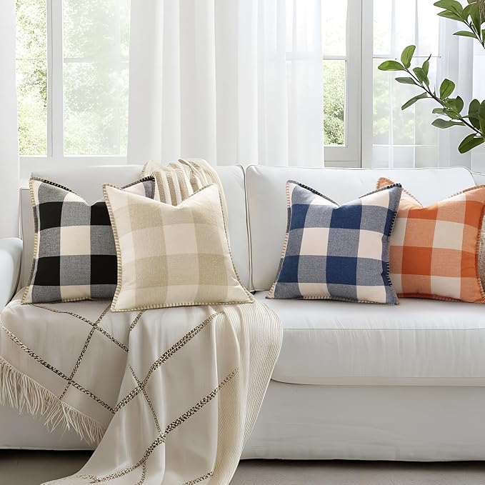 decorUhome Buffalo Plaid Check Throw Pillow Covers 12x20 Set of 2, Outdoor Lumbar Decorative Farmhouse Neutral Pillow Covers with Stitched Edge for Bed Couch Sofa, Navy Blue and White