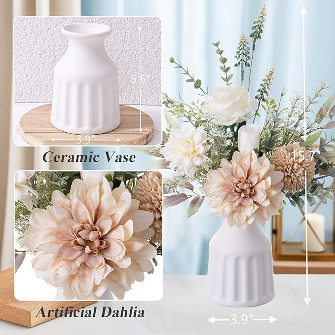 Fake Flowers in Vase, Artificial Flowers with Vase, 15.7'' Floral Arrangements for Dining Table Centerpiece Decor, Silk Roses & Faux Dahlia Bouquet for Farmfouse Kitchen Coffee Table Decor (White)