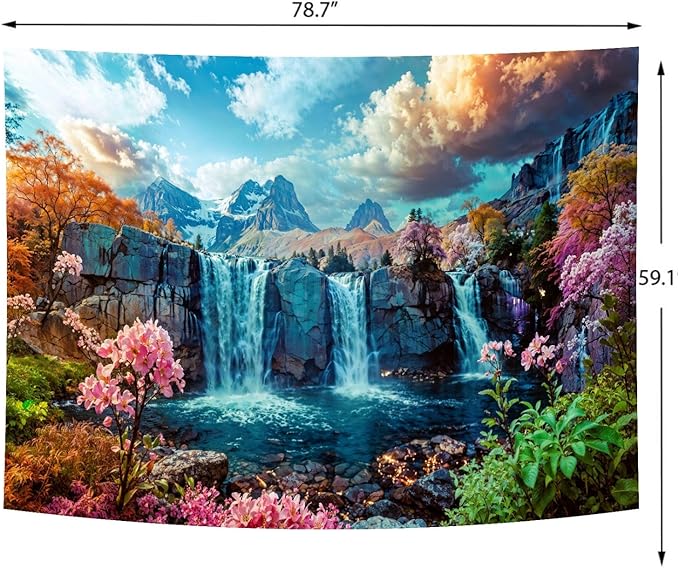 Delur Waterfall Tapestry Tropical Forest Mountain Sunset Tree Wall Hanging Tapestry Scenic Rainforest Landscape Nature Sunrise Headboard for Bedroom Living Room Home Decor (59.1" x 78.7")