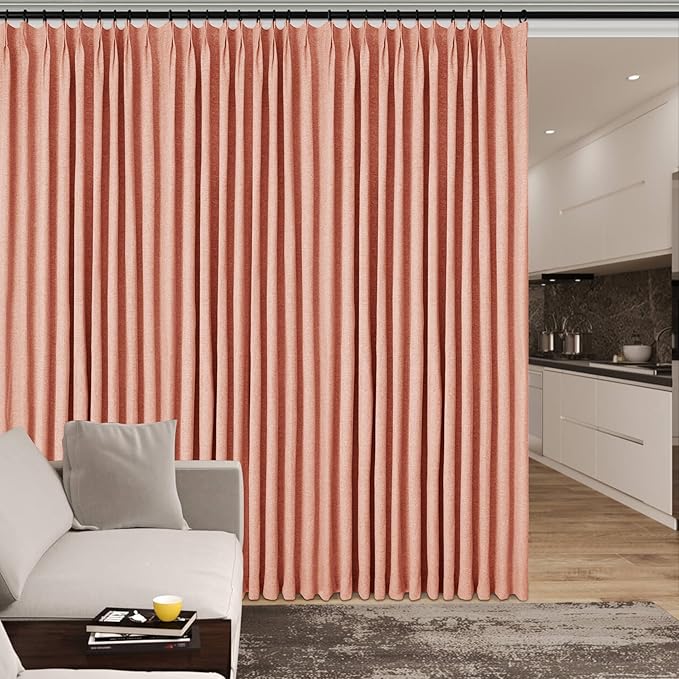 100" W x 96" L Faux Linen Room Divider Curtains, Full Blackout Pinch Pleated Drapes for Traverse Rod, Bedroom Divider Privacy Drapery with Hooks for Ceiling Track, 1 Panel, Orange
