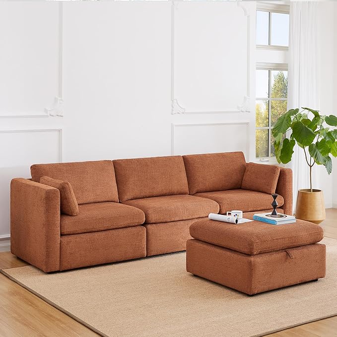 CHITA Modular Sectional Sofa, FSC Certified L Shaped Cloud Couch, Modular Sectional Couch, 112 inch Width,4 Seat Modular Sofa with Storage Ottoman, Terracotta